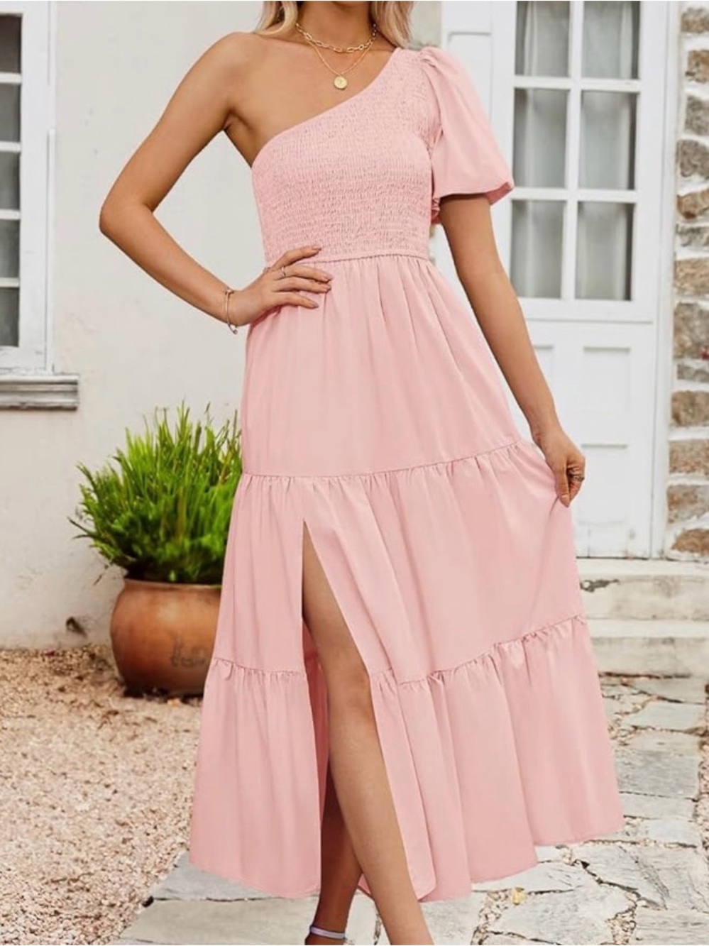 ZESICA Women's Boho Summer One Shoulder Short Sleeve Smocked Side Split Ruffle M